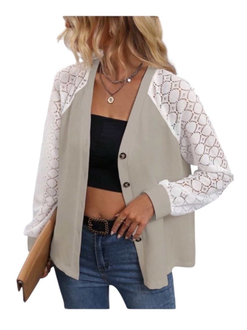 SHEIN LUNE Contrast Pointelle Raglan Sleeve Button Front Blouse size XL